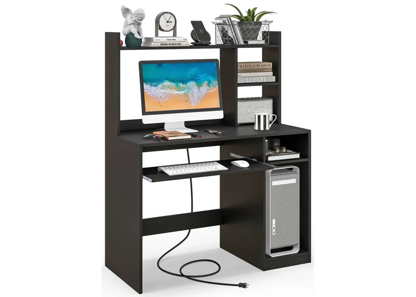 Home Office Computer Desk with Bookcase Keyboard Tray and CPU Stand