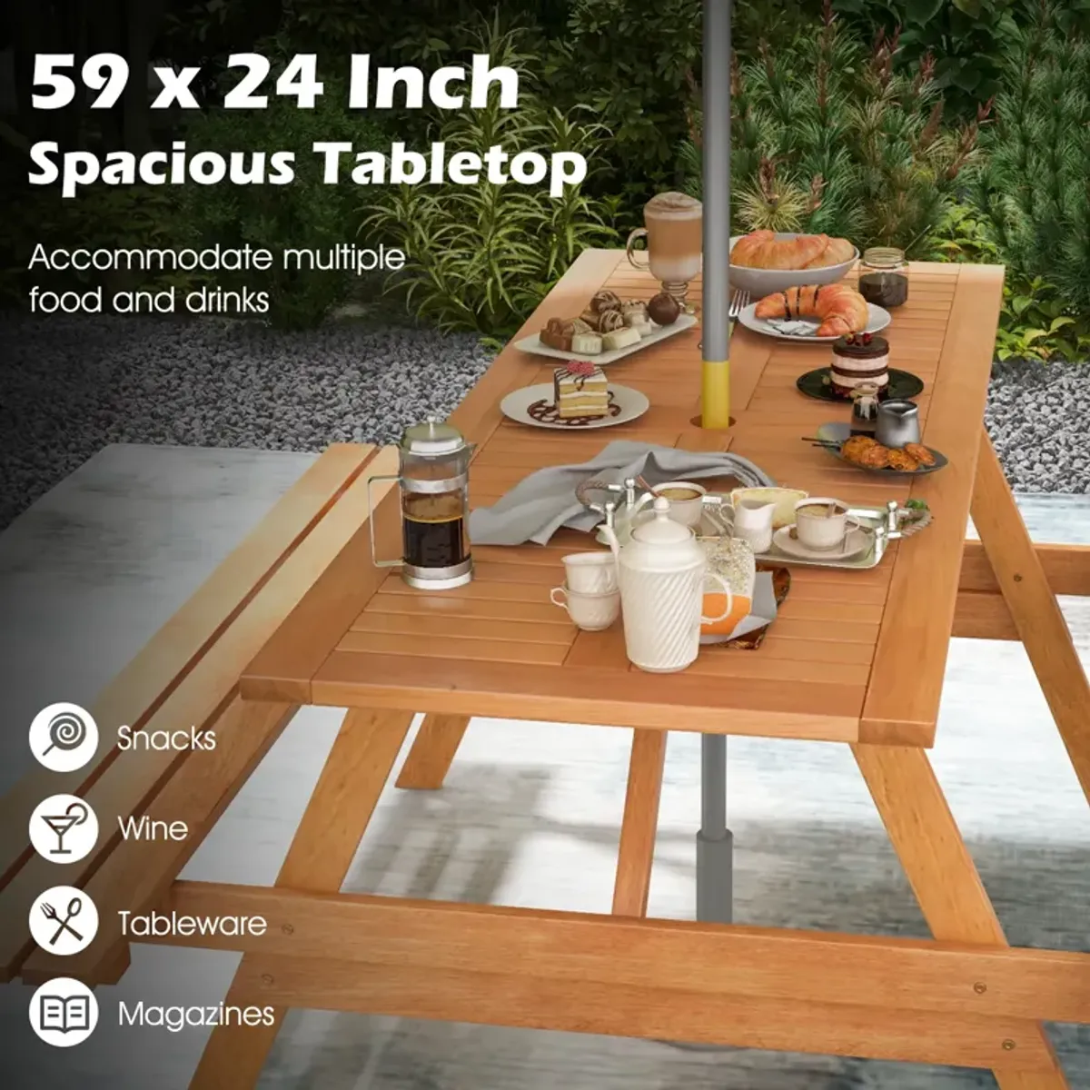 6 Person Picnic Table Set Patio Rectangle with 2 Built-in Benches and Umbrella Hole