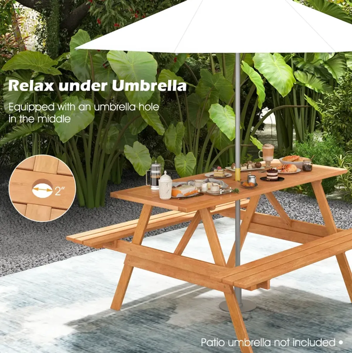 6 Person Picnic Table Set Patio Rectangle with 2 Built-in Benches and Umbrella Hole