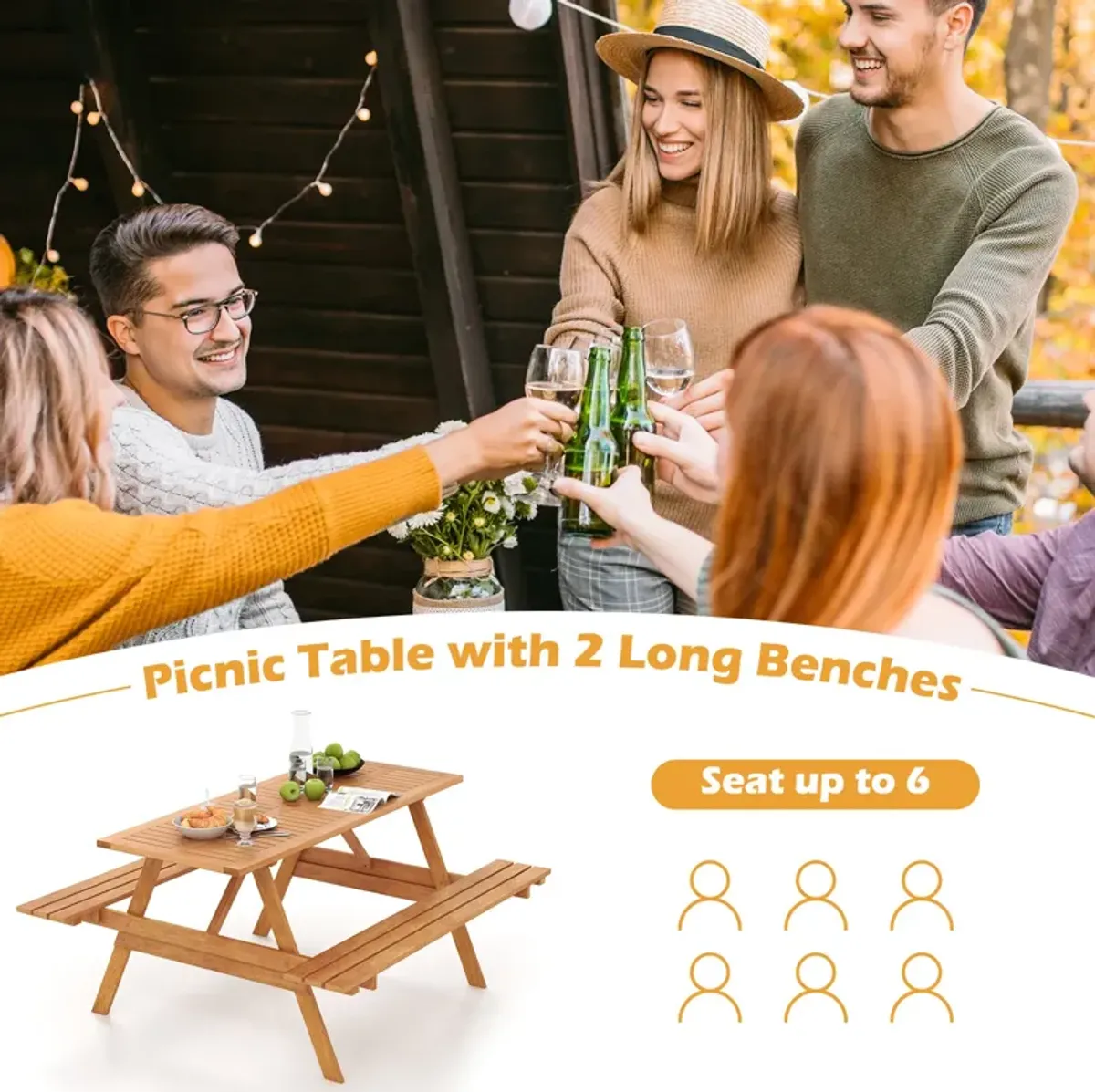 6 Person Picnic Table Set Patio Rectangle with 2 Built-in Benches and Umbrella Hole