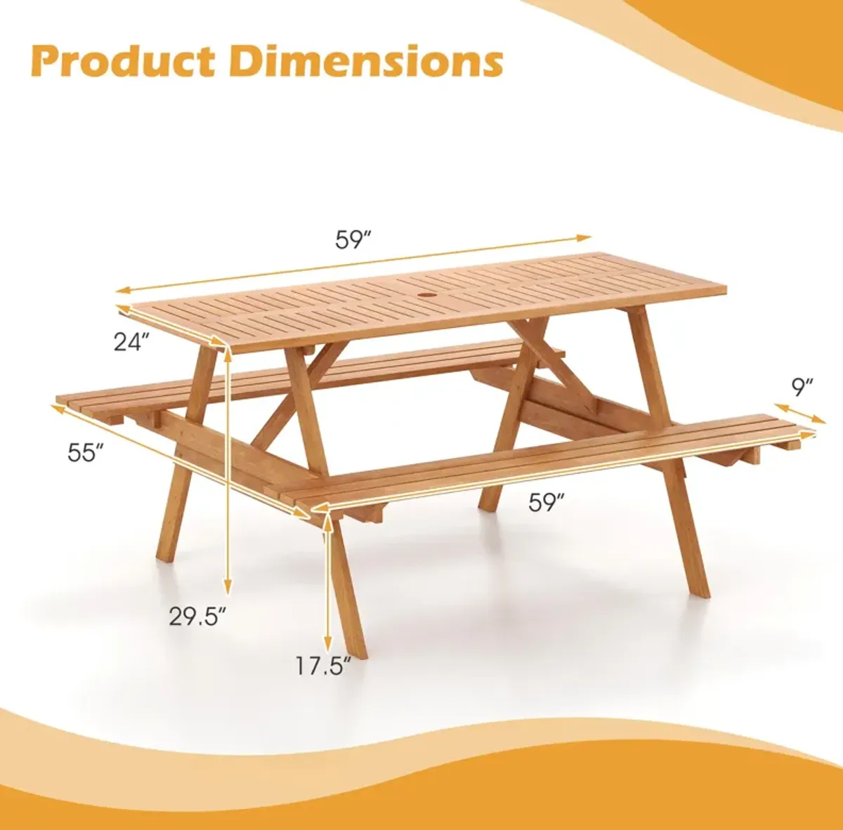 6 Person Picnic Table Set Patio Rectangle with 2 Built-in Benches and Umbrella Hole