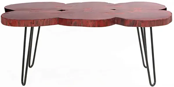 44 Inch Acacia Wood Coffee Table, Quatrefoil Top, Live Edge, Iron Hairpin Legs, Walnut Brown, Black-Benzara