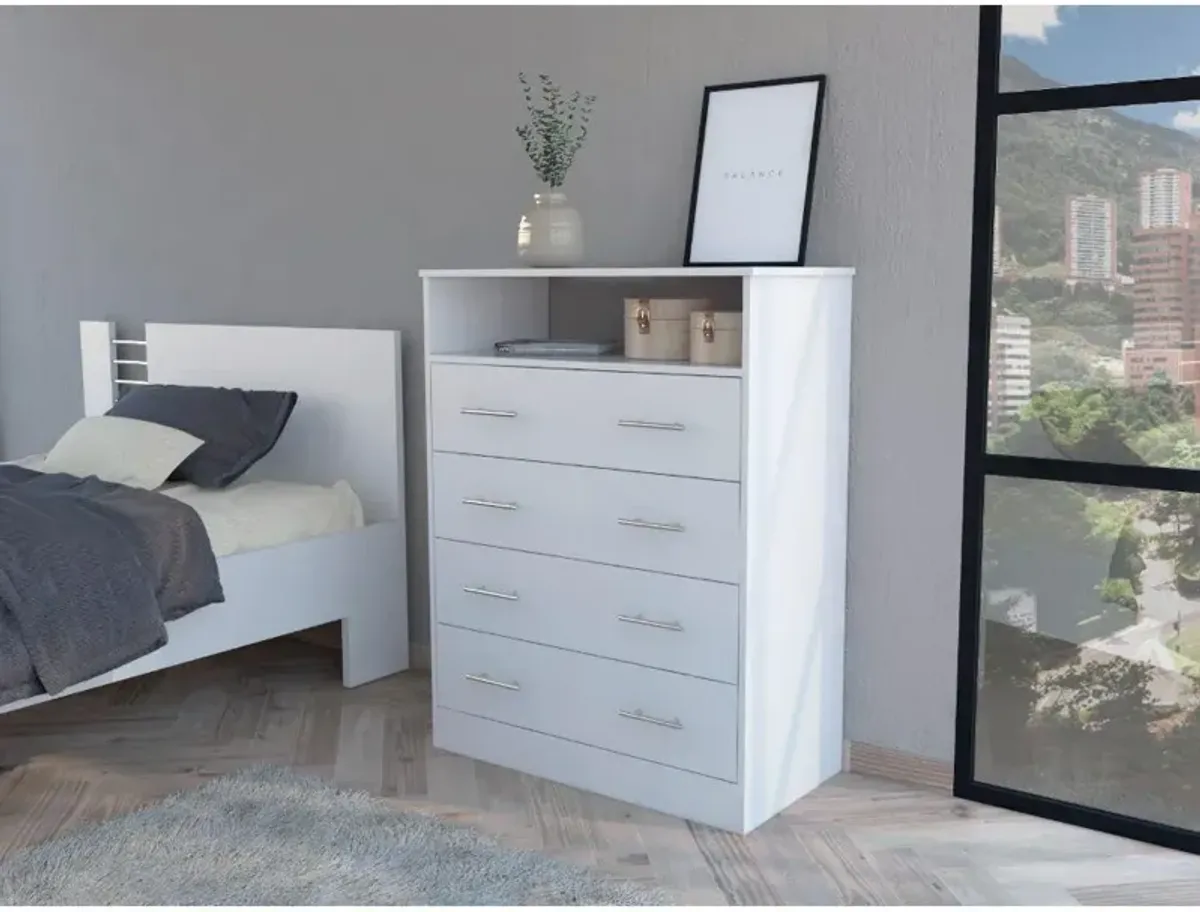 DEPOT E-SHOP Serbian Four Drawer Dresser, Countertop, One Open Shelf, Four Drawers-White, For Bedroom