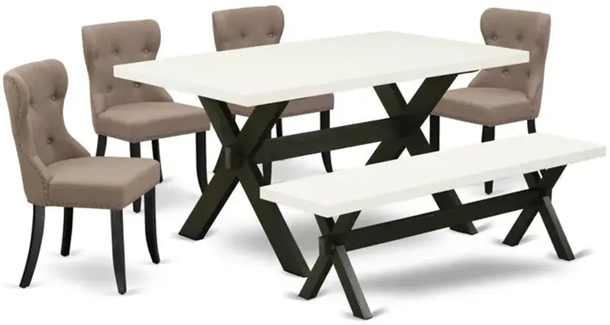 East West Furniture 6-Pc Kitchen Dinette Set-Coffee Linen Fabric Seat and Button Tufted Back Dining Chairs and Rectangular Top Living Room Table and wooden Bench with Wood Legs - Linen White and Wireb