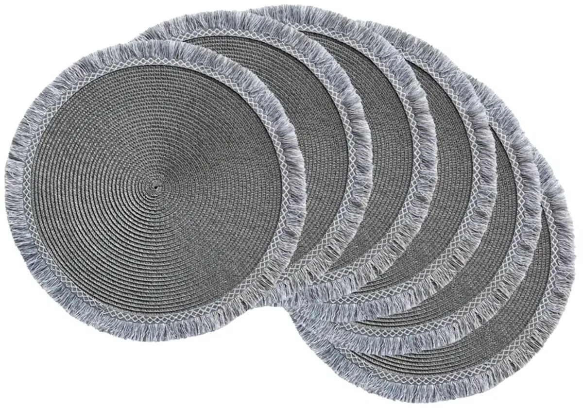 Set of 6 Gray Round Fringed Placemat  14.75"
