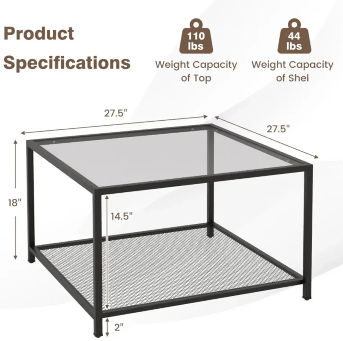 Hivvago Modern 2-Tier Square Glass Coffee Table with Mesh Shelf