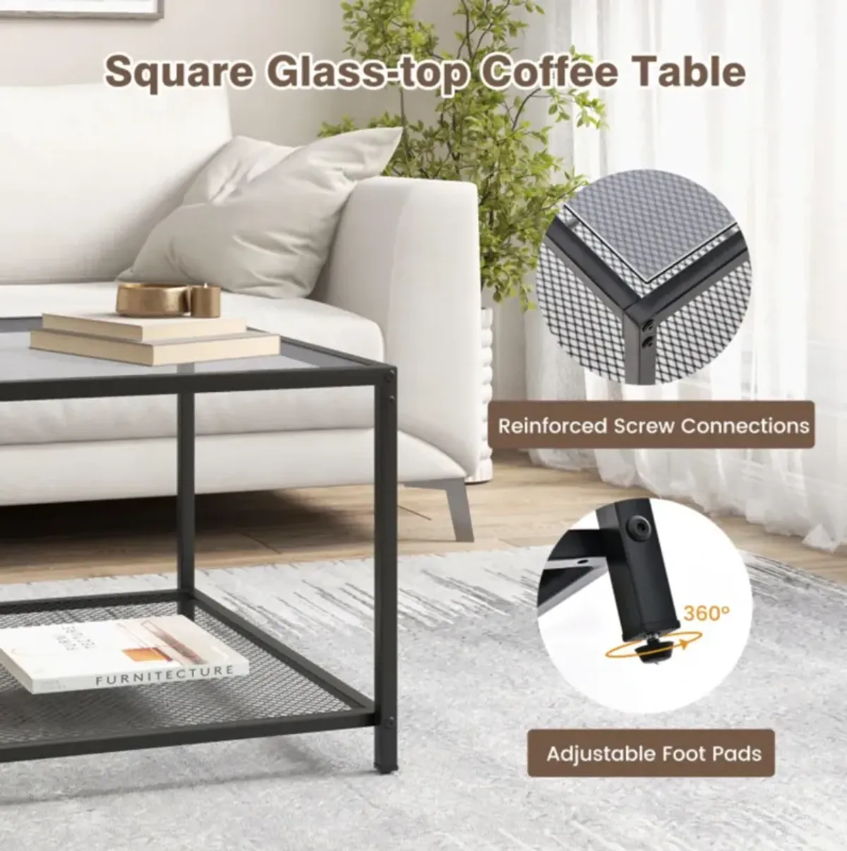 Hivvago Modern 2-Tier Square Glass Coffee Table with Mesh Shelf