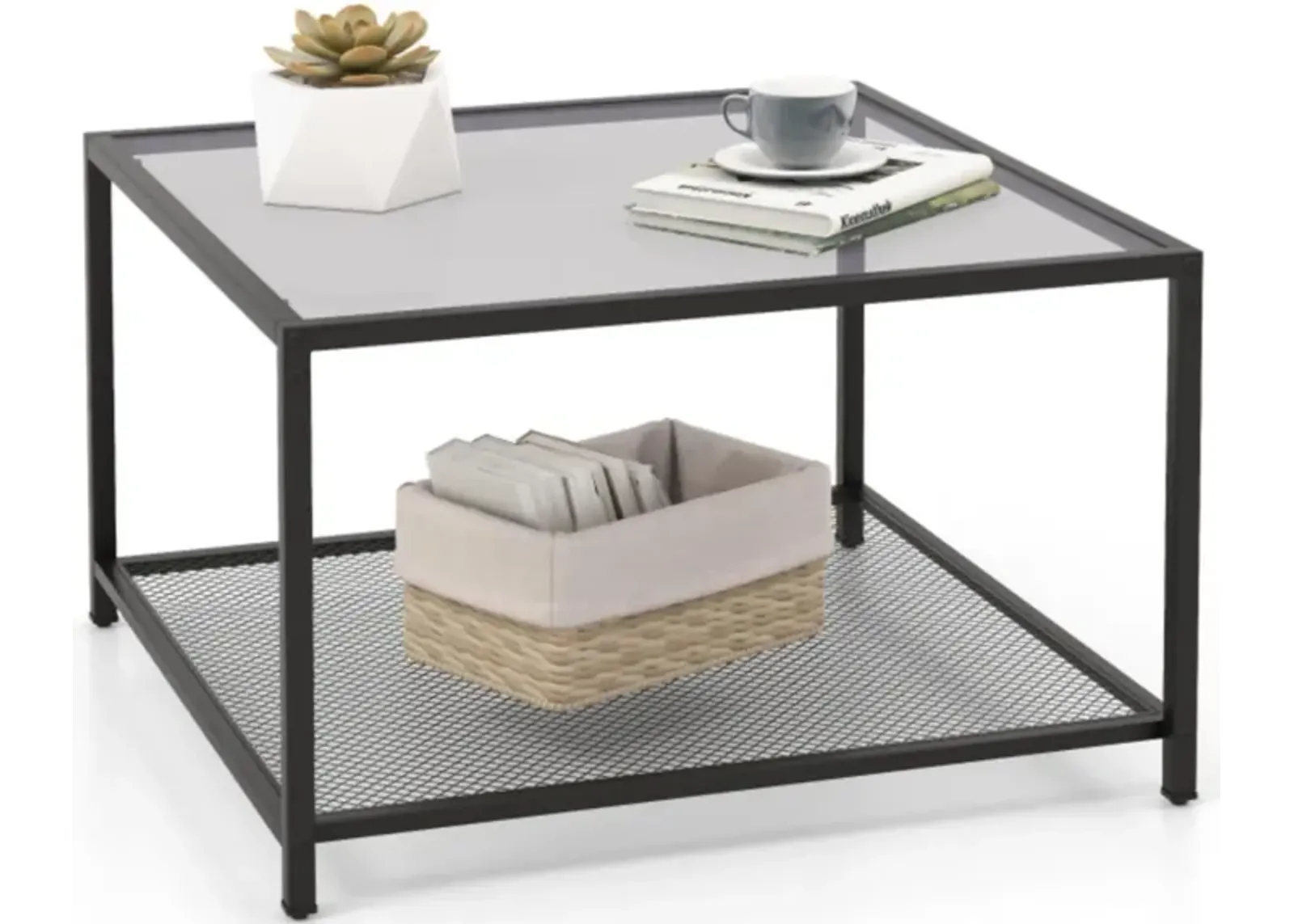 Hivvago Modern 2-Tier Square Glass Coffee Table with Mesh Shelf