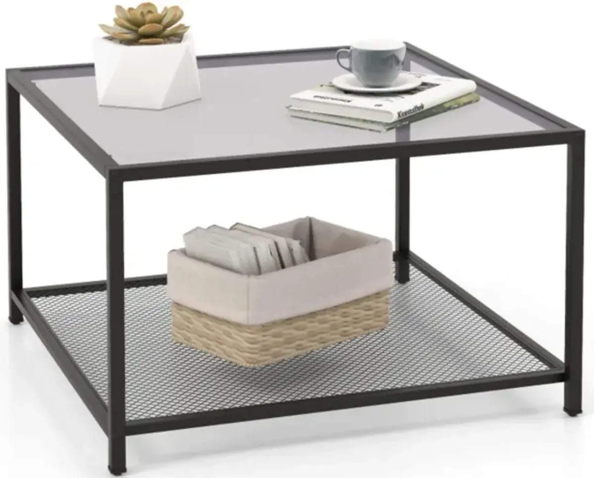 Hivvago Modern 2-Tier Square Glass Coffee Table with Mesh Shelf