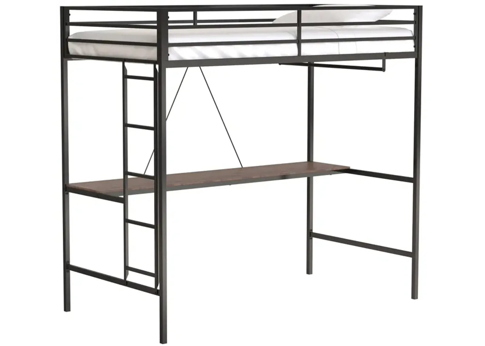 Adam Twin Loft Bunk Metal Bed Frame with Desk and Closet Rod, Guardrails, Easy Assembly, Black