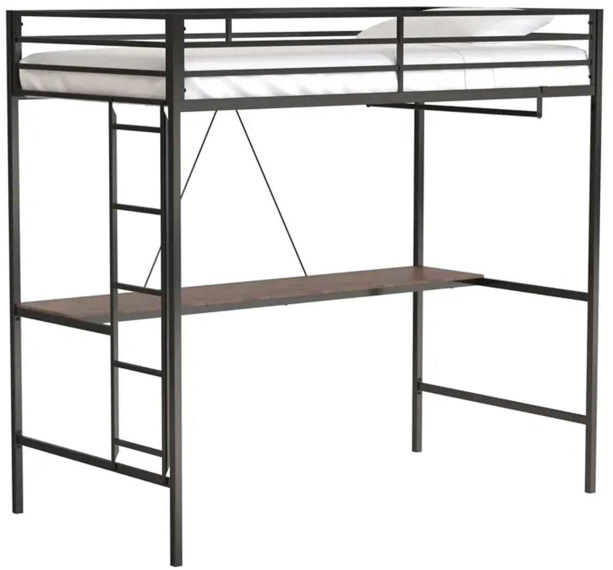 Adam Twin Loft Bunk Metal Bed Frame with Desk and Closet Rod, Guardrails, Easy Assembly, Black