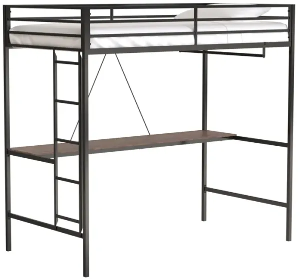 Adam Twin Loft Bunk Metal Bed Frame with Desk and Closet Rod, Guardrails, Easy Assembly, Black