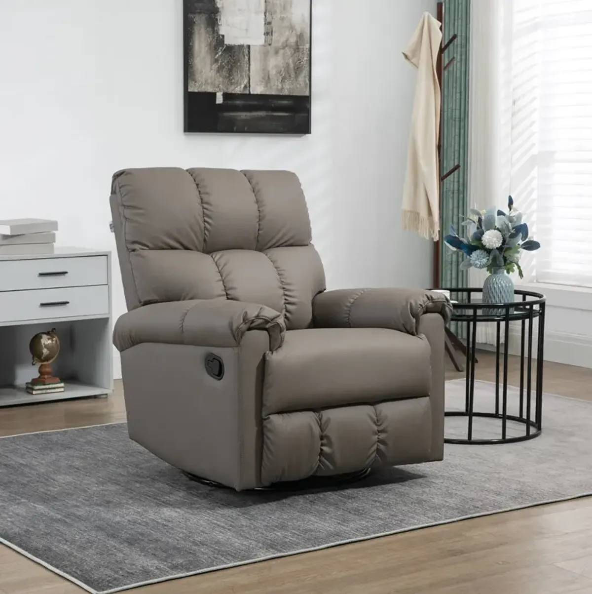 Brown Faux Leather Recliner: 360° Swivel, Footrest