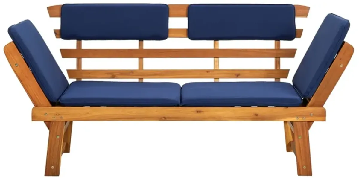 vidaXL Convertible Patio Bench and Day Bed with Blue Cushions - Solid Acacia Wood - Outdoor 2-in-1 Furniture - Garden Deck, Lawn, Backyard Seating, and Lying Comfort