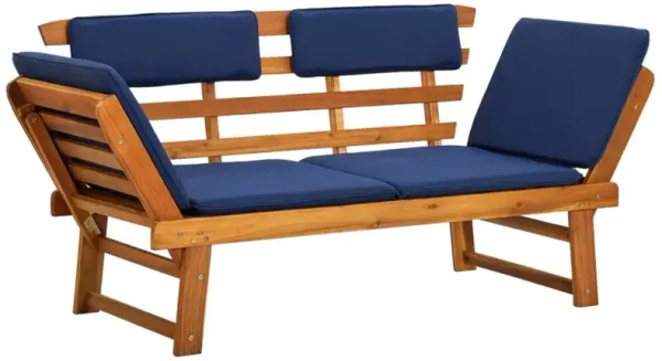 vidaXL Convertible Patio Bench and Day Bed with Blue Cushions - Solid Acacia Wood - Outdoor 2-in-1 Furniture - Garden Deck, Lawn, Backyard Seating, and Lying Comfort