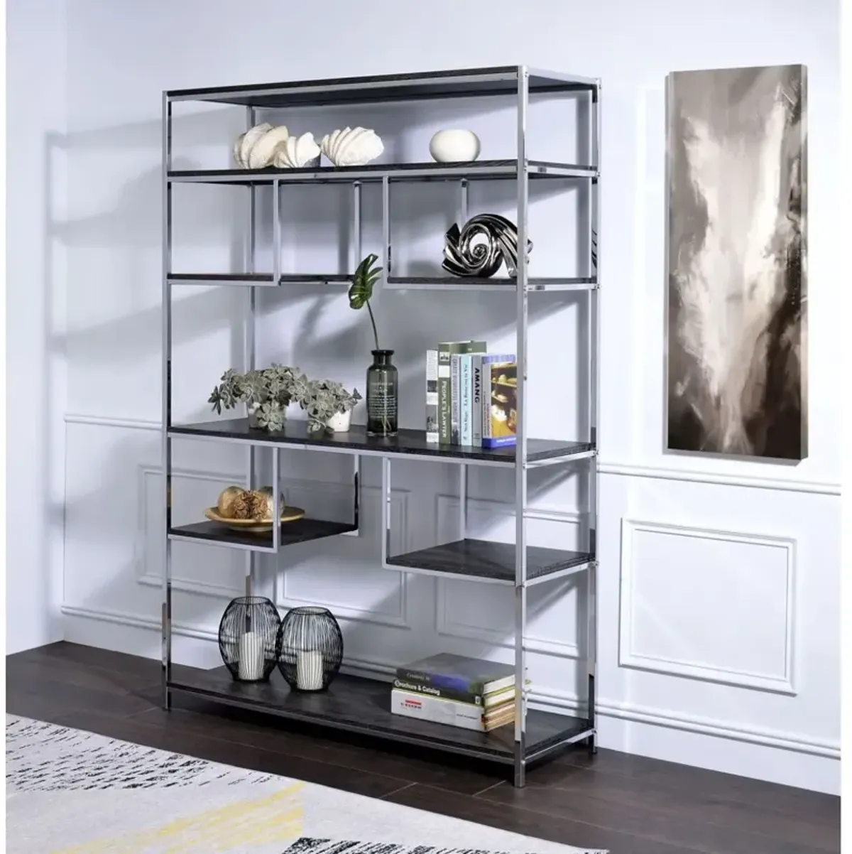 Vonara Bookshelf, Rustic Gray Oak & Chrome 92657