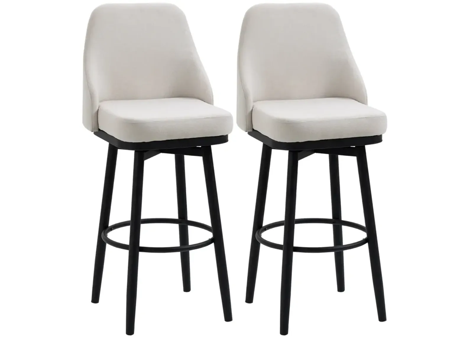 HOMCOM Bar Height Bar Stools Set of 2, Modern 360° Swivel Barstools, 29.5 Inch Seat Height Upholstered Kitchen Chairs with Steel Legs and Footrest, Cream White