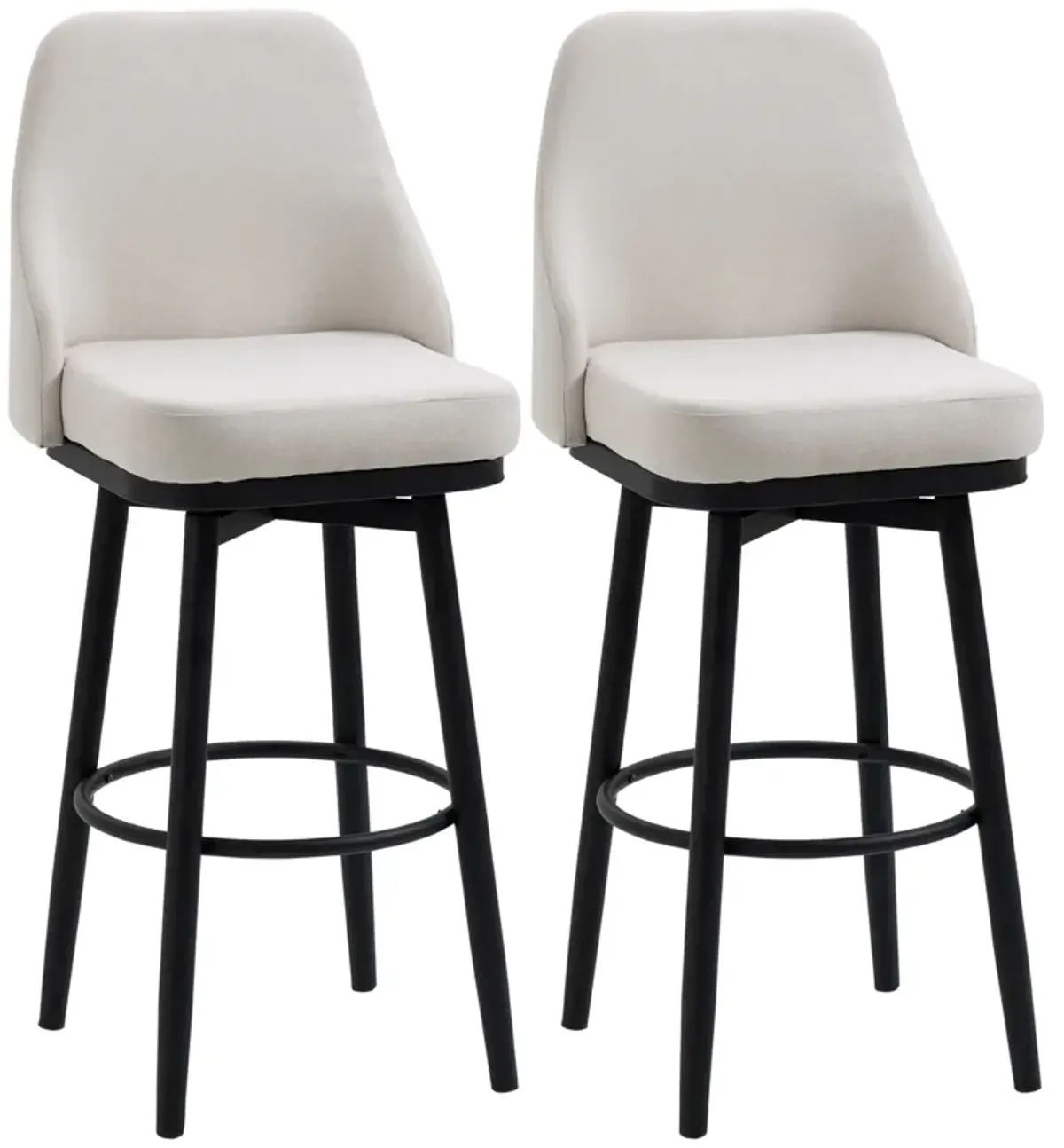 HOMCOM Bar Height Bar Stools Set of 2, Modern 360° Swivel Barstools, 29.5 Inch Seat Height Upholstered Kitchen Chairs with Steel Legs and Footrest, Cream White