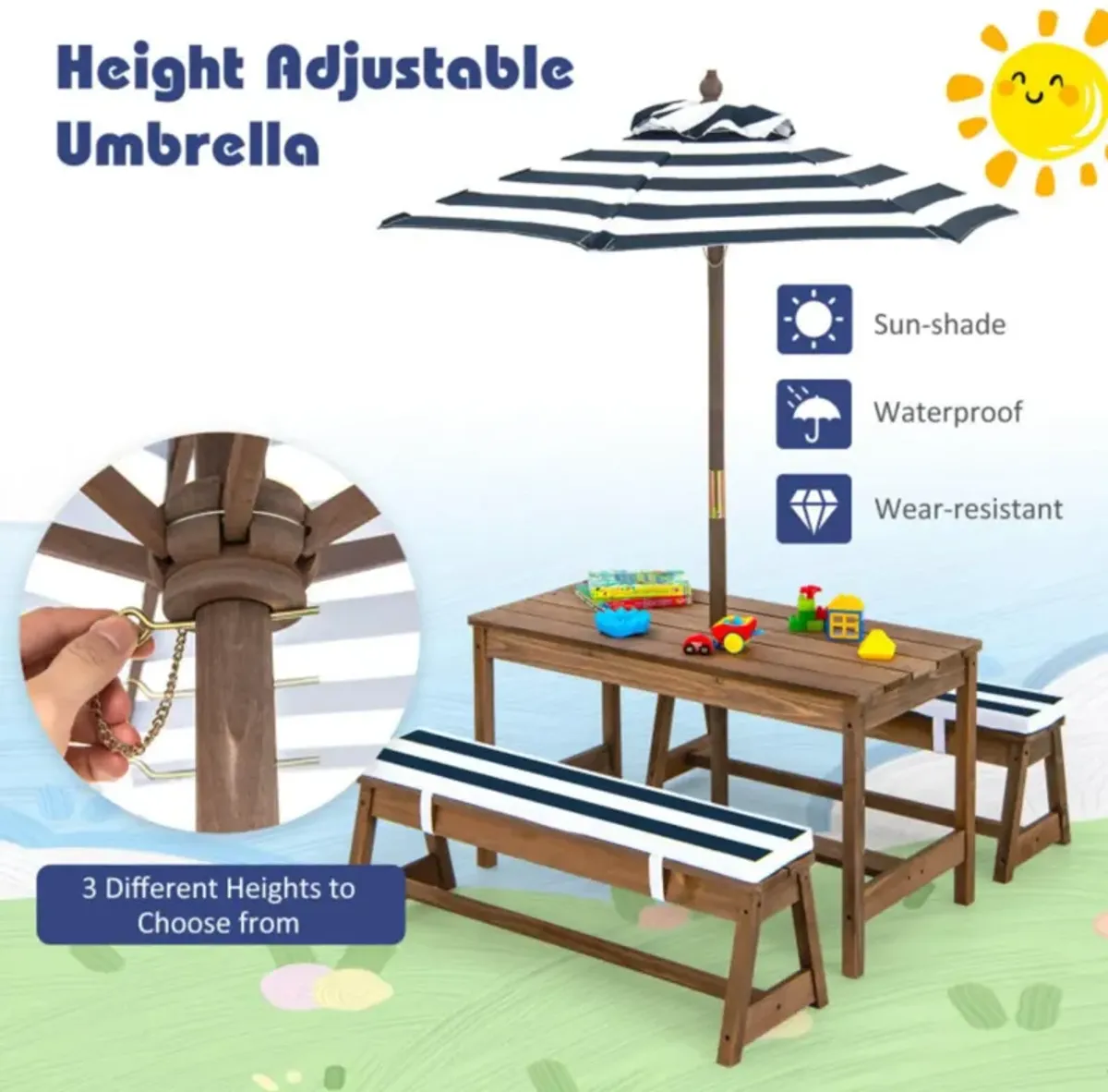 Hivvago Kids Picnic Table and Bench Set with Cushions and Height Adjustable Umbrella