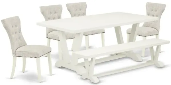 East West Furniture 6-Pc Dining Room Table Set- 4 Parson Dining Chairs with Doeskin Linen Fabric Seat and Button Tufted Chair Back - Rectangular Top & Wooden Legs Dining Table and Wooden Dining Bench