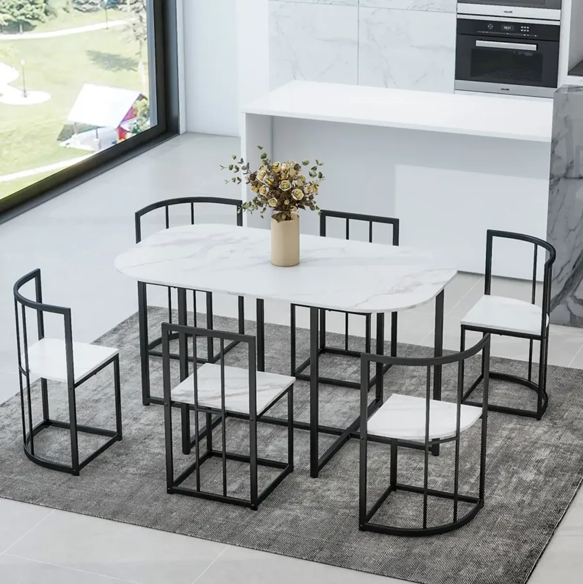 Modern 7-Piece Dining Table Set with 6 Stools