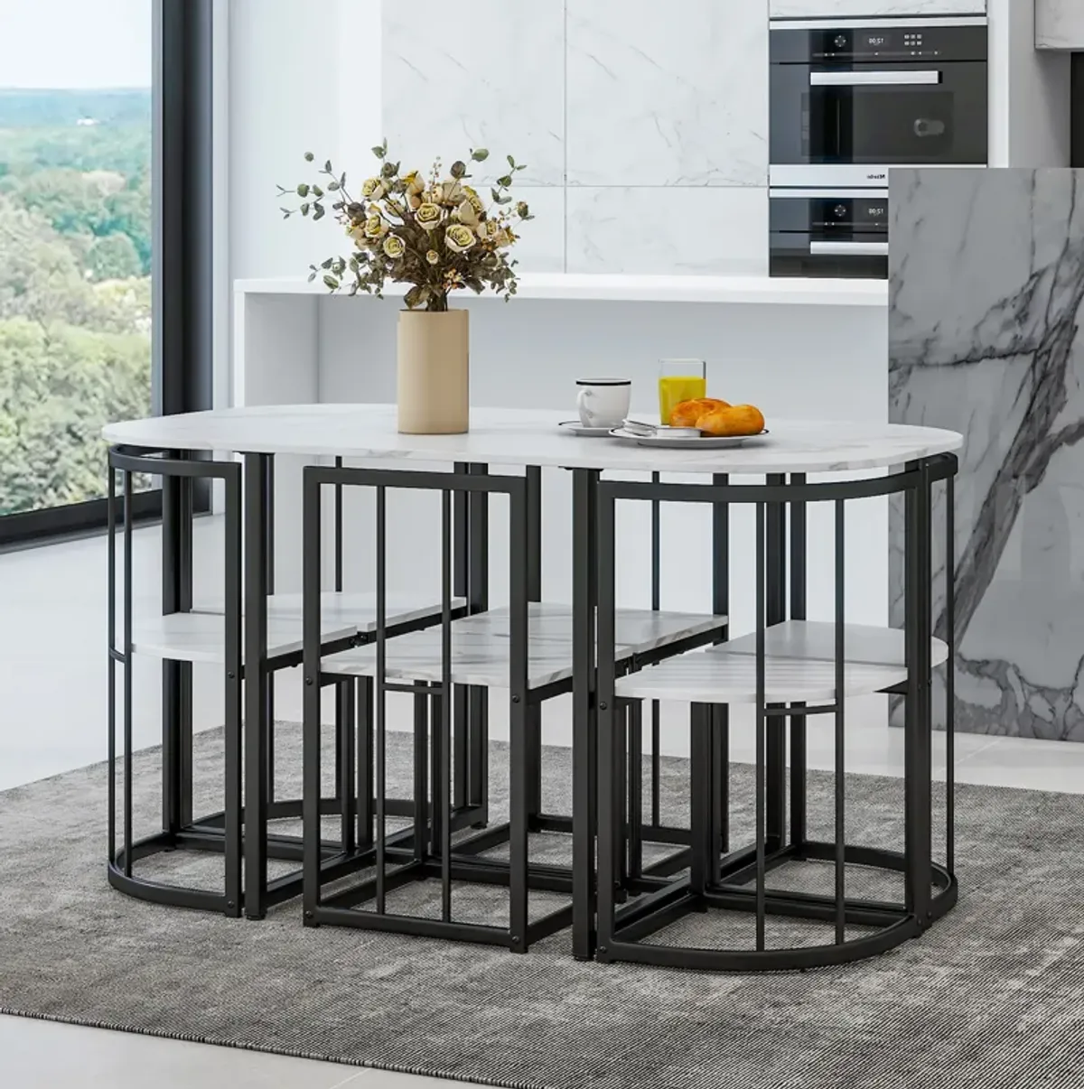 Modern 7-Piece Dining Table Set with 6 Stools