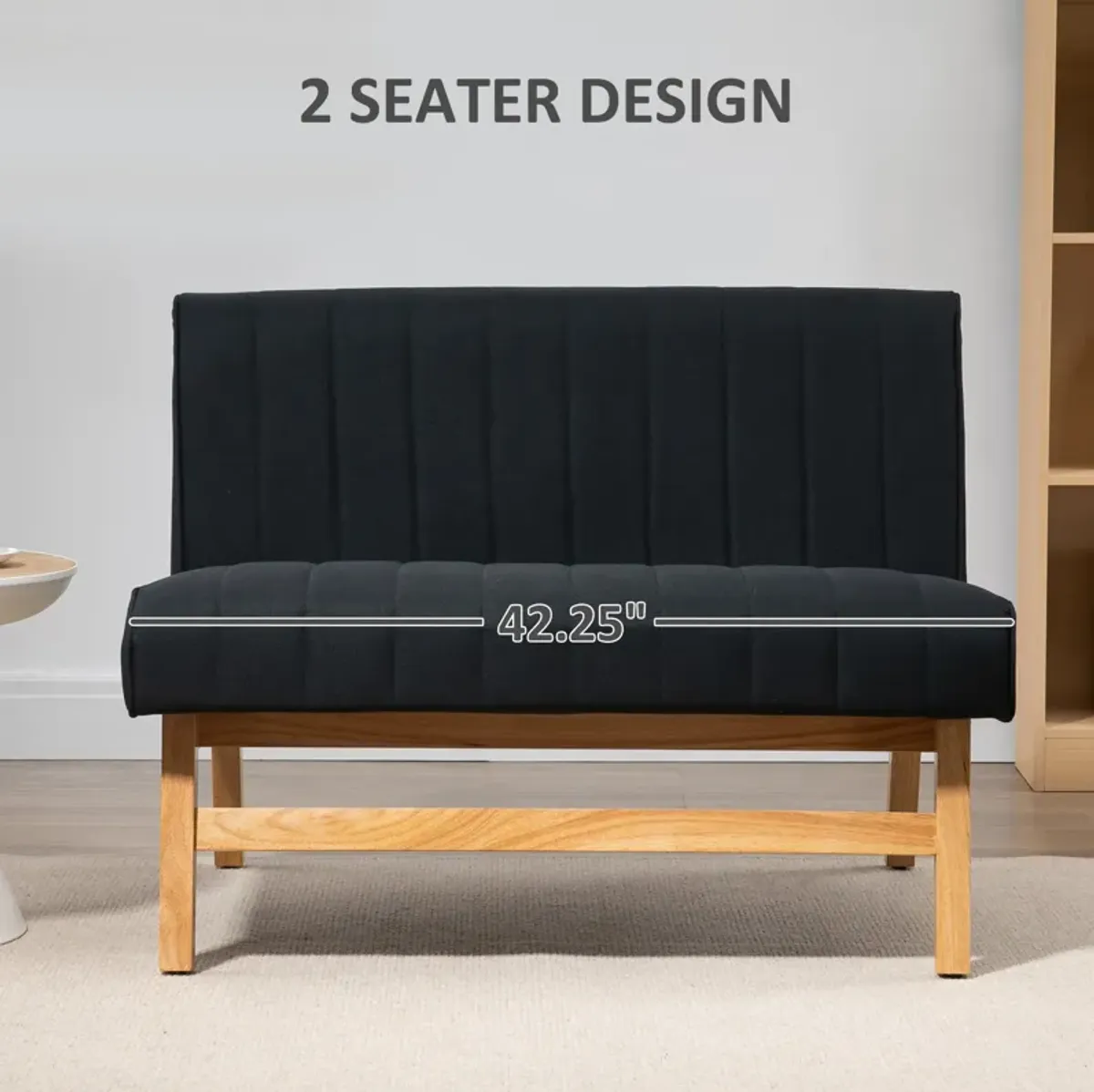 Black Compact Seating: 42" 2-Seater Loveseat with Rubber Wood Legs