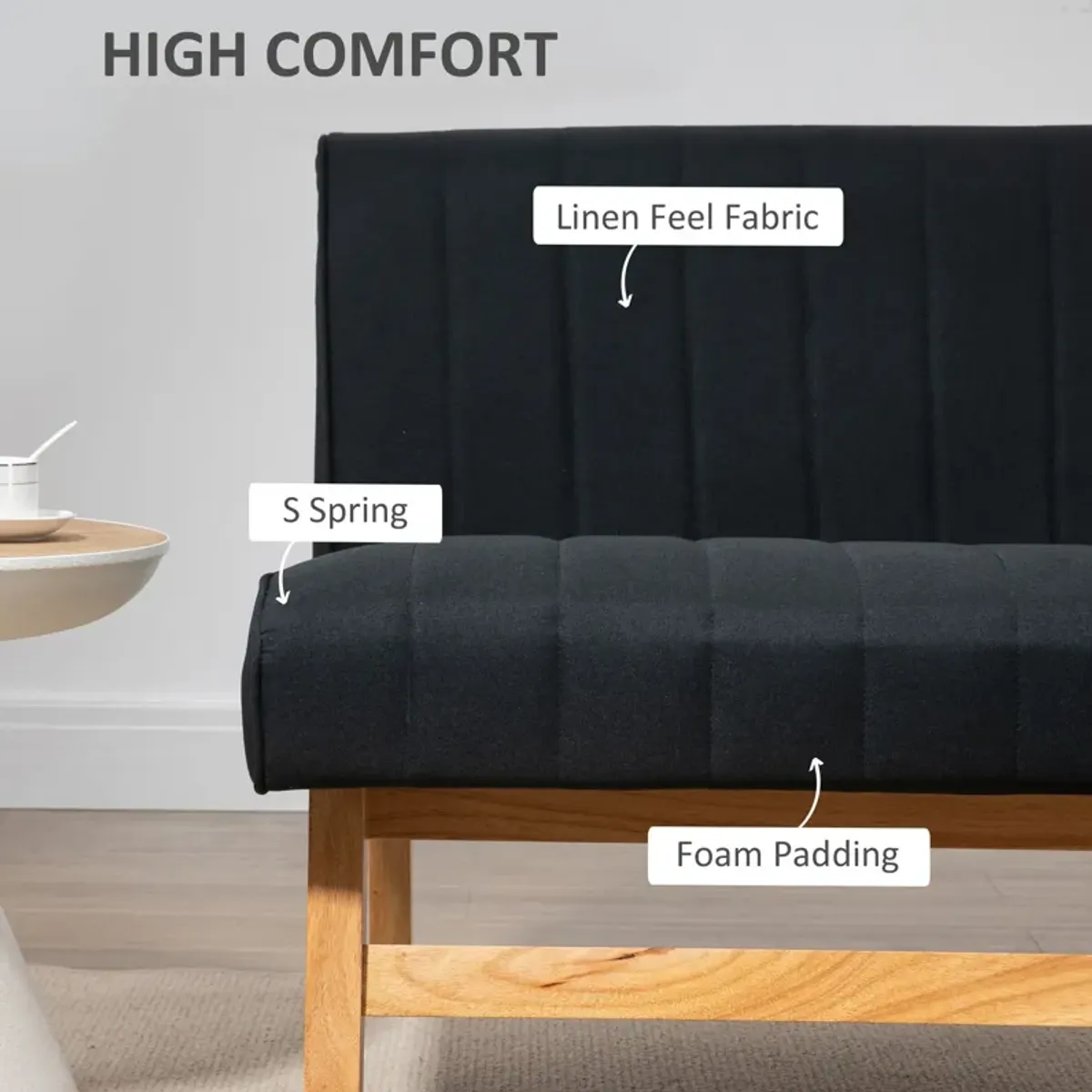 Black Compact Seating: 42" 2-Seater Loveseat with Rubber Wood Legs