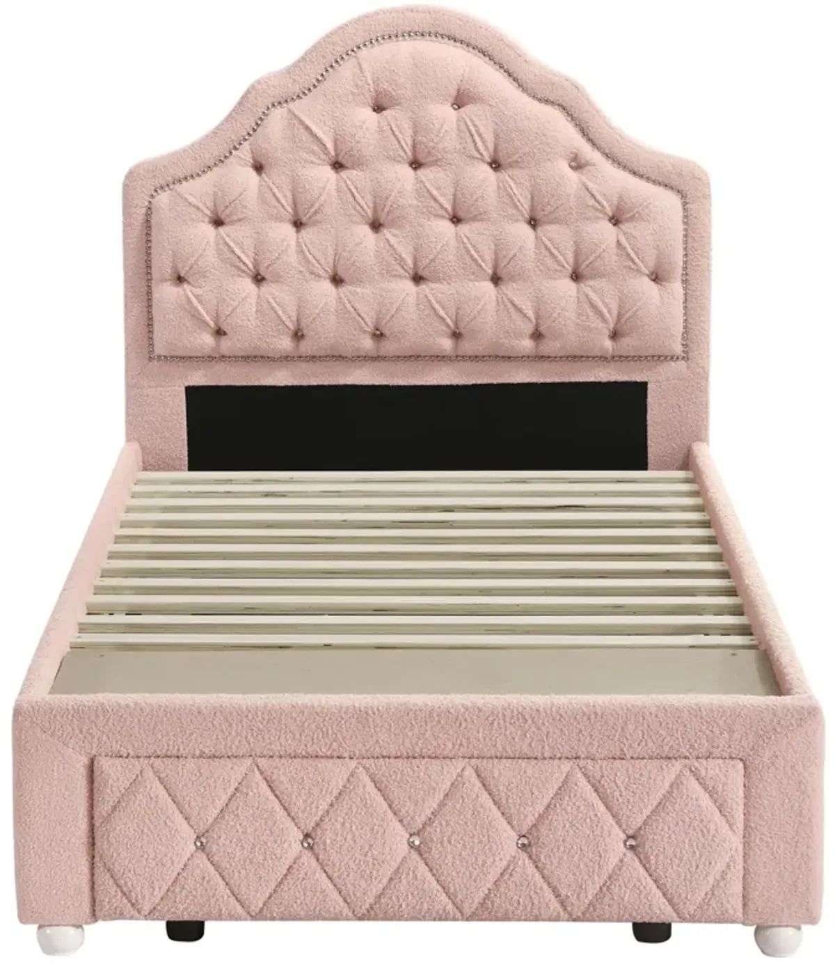 Ashly Twin Platform Bed with Storage, Pink Diamond Button-Tuft Boucle - Benzara