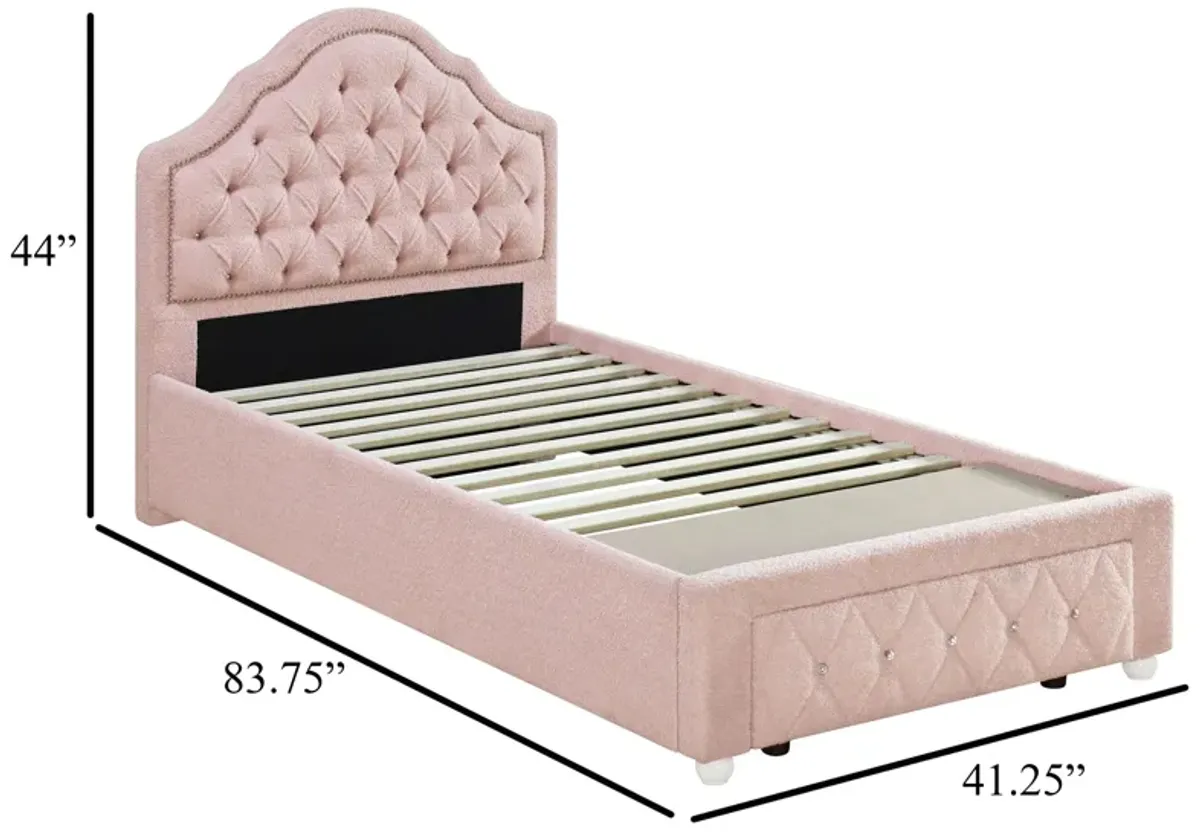 Ashly Twin Platform Bed with Storage, Pink Diamond Button-Tuft Boucle - Benzara