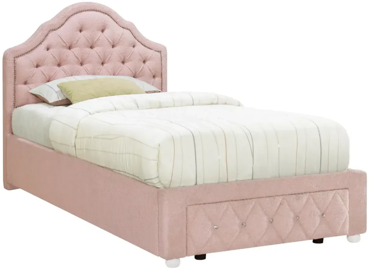 Ashly Twin Platform Bed with Storage, Pink Diamond Button-Tuft Boucle - Benzara