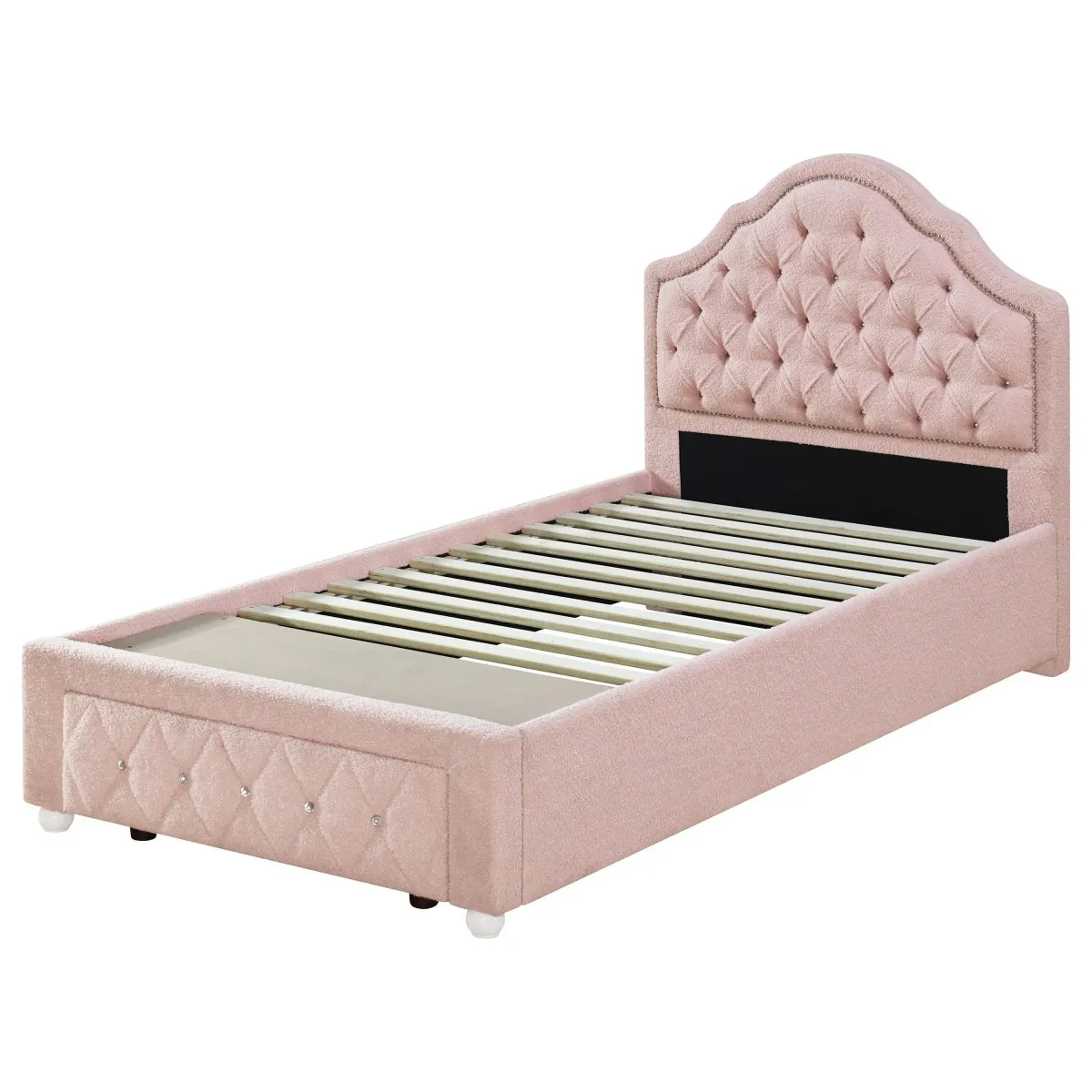 Ashly Twin Platform Bed with Storage, Pink Diamond Button-Tuft Boucle - Benzara