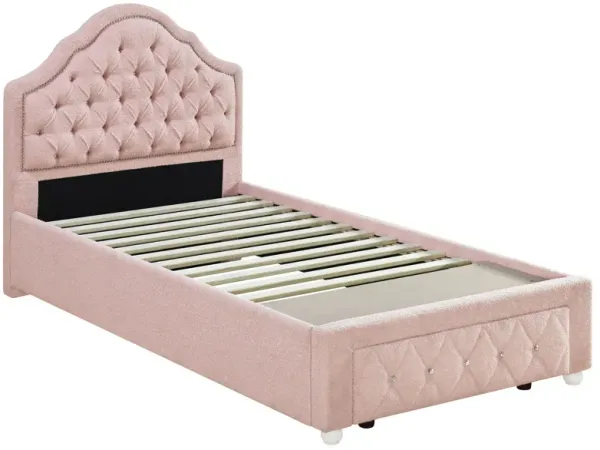 Ashly Twin Platform Bed with Storage, Pink Diamond Button-Tuft Boucle - Benzara