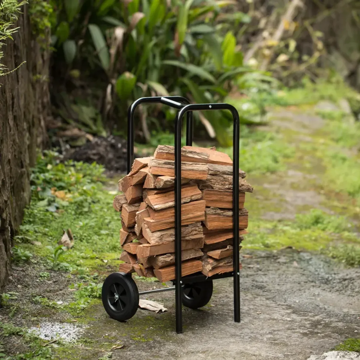 Indoor and Outdoor Patio Steel Firewood Log Carrier, Wood Rack Storage Stacking Holder, Black