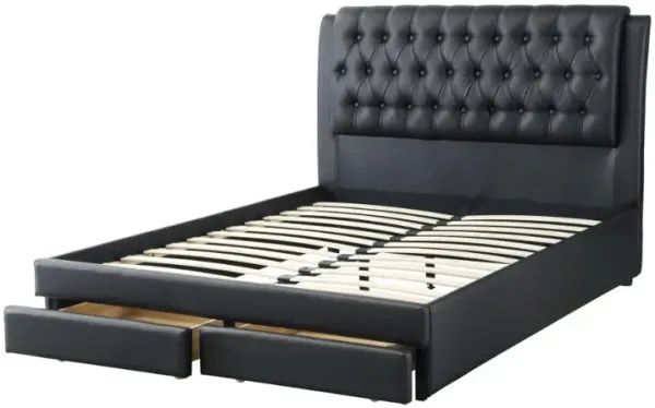 Mesmerizing Wooden Queen Bed With Tufted PU Head Board, Black - Benzara