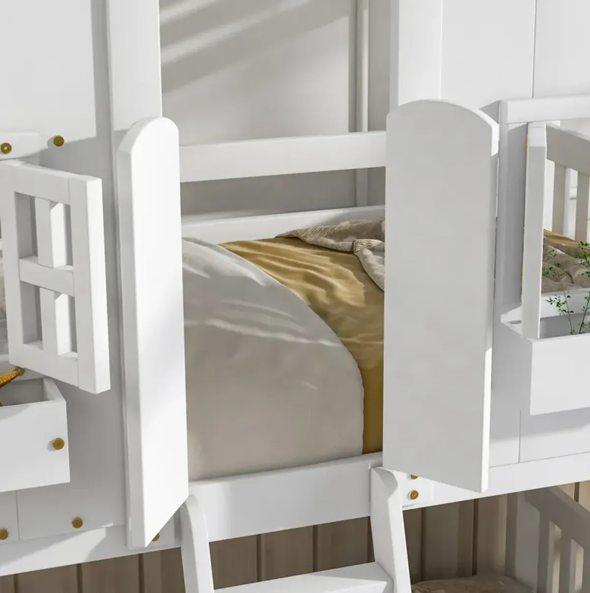 Twin Over Twin House Bunk Bed With Roof, Window, Window Box, Door, With Safety Guardrails