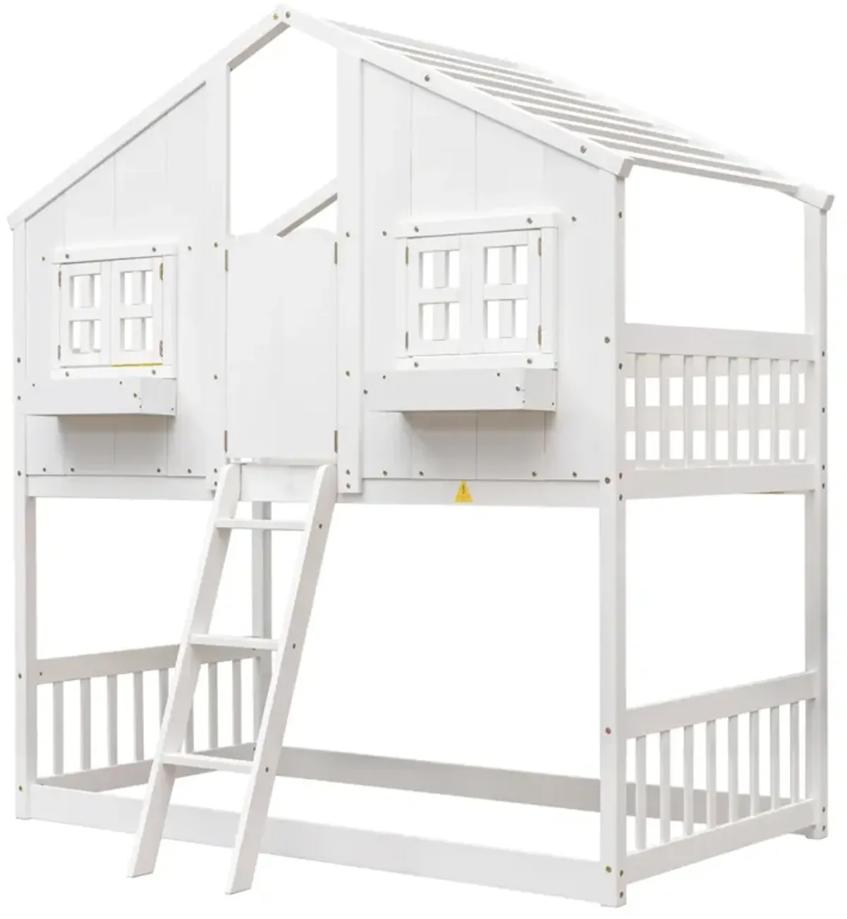 Twin Over Twin House Bunk Bed With Roof, Window, Window Box, Door, With Safety Guardrails