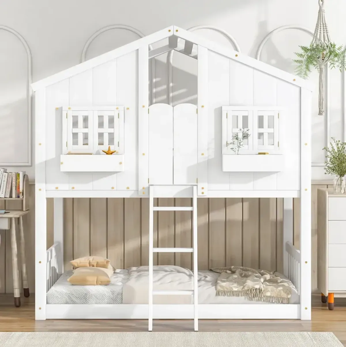 Twin Over Twin House Bunk Bed With Roof, Window, Window Box, Door, With Safety Guardrails