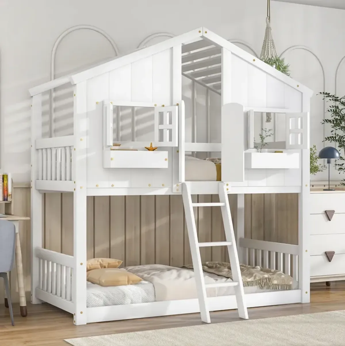 Twin Over Twin House Bunk Bed With Roof, Window, Window Box, Door, With Safety Guardrails