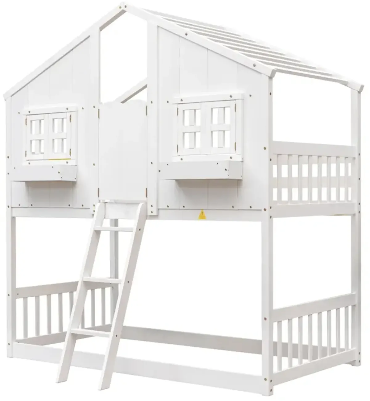 Twin Over Twin House Bunk Bed With Roof, Window, Window Box, Door, With Safety Guardrails