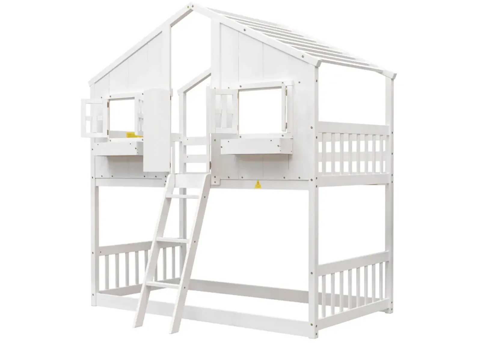 Twin Over Twin House Bunk Bed With Roof, Window, Window Box, Door, With Safety Guardrails