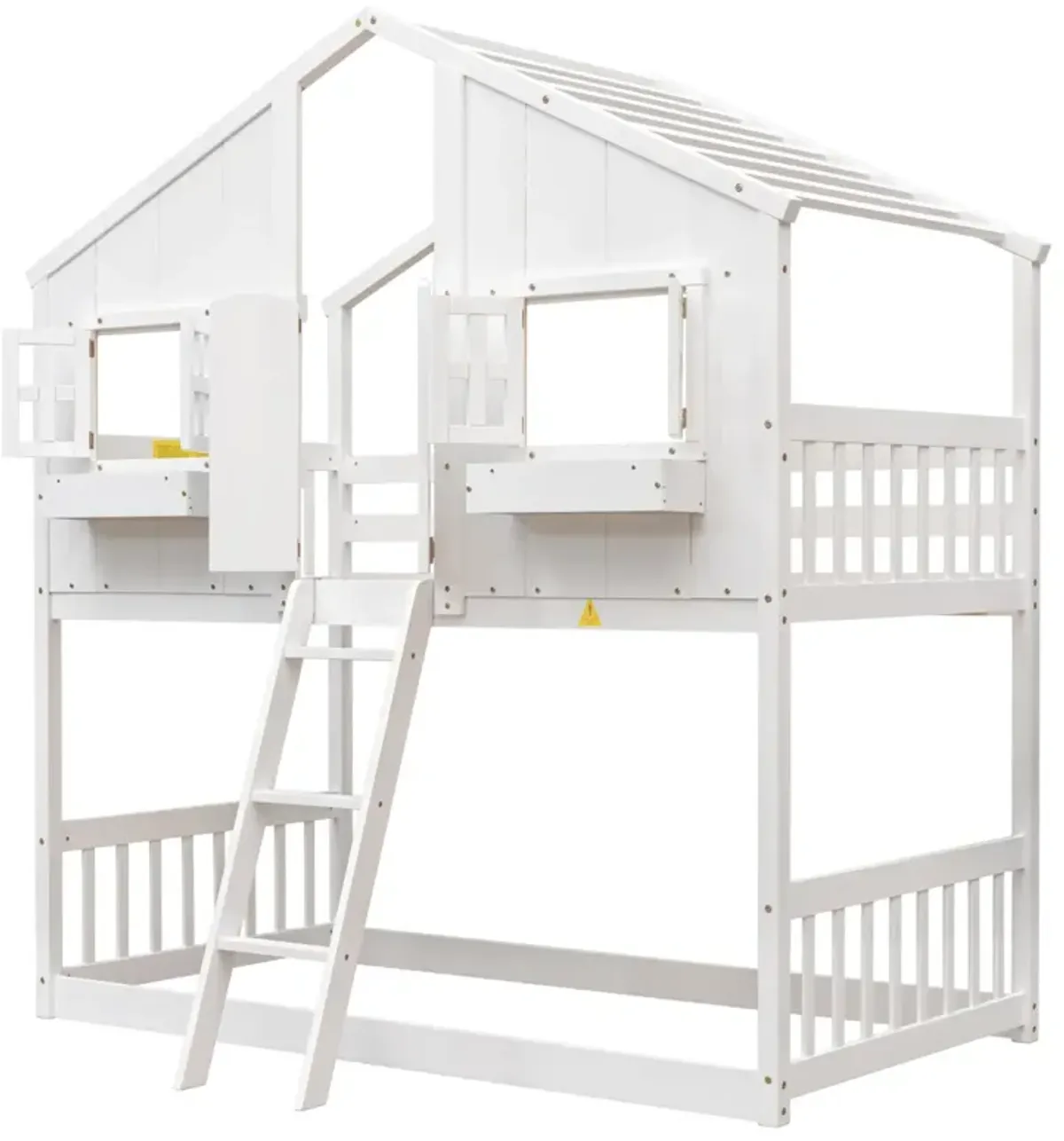 Twin Over Twin House Bunk Bed With Roof, Window, Window Box, Door, With Safety Guardrails