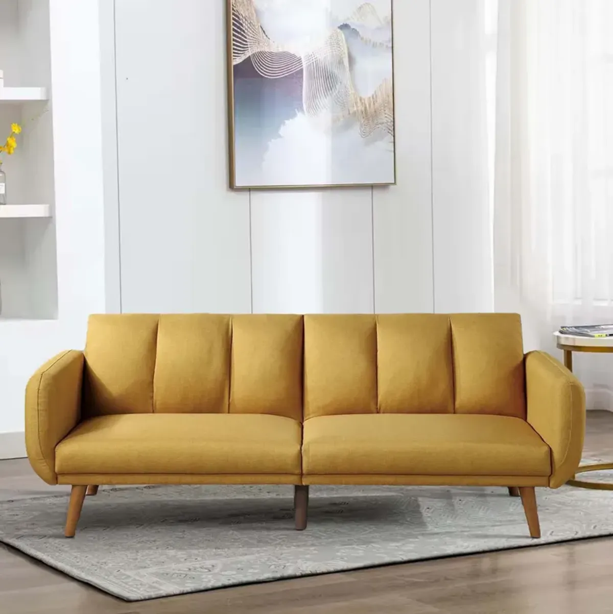 Adjustable Upholstered Sofa with Track Armrests and Angled Legs, Yellow