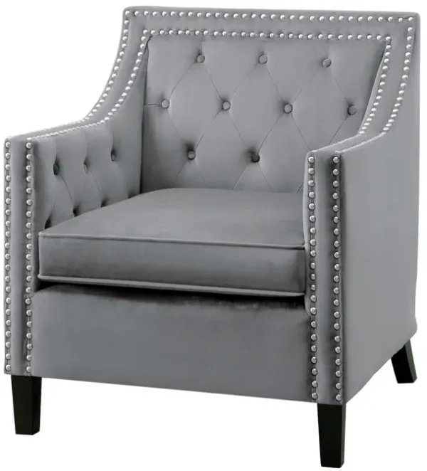 Soma 31 Inch Accent Armchair, Button Tufted Gray Velvet, Nailhead Trim - Benzara