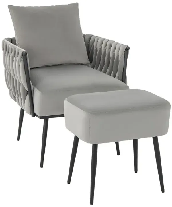 Modern Dutch Velvet Accent Chair and Ottoman Set with Weaved Back and Arms