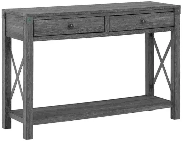 Sofa Table with X Metal Accent and 2 Drawers, Gray-Benzara