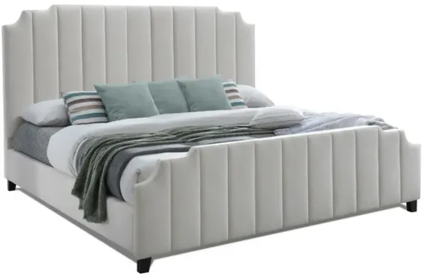 Cery Modern King Size Bed, Channel Tufted Cream Beige Chenille Upholstery - Benzara