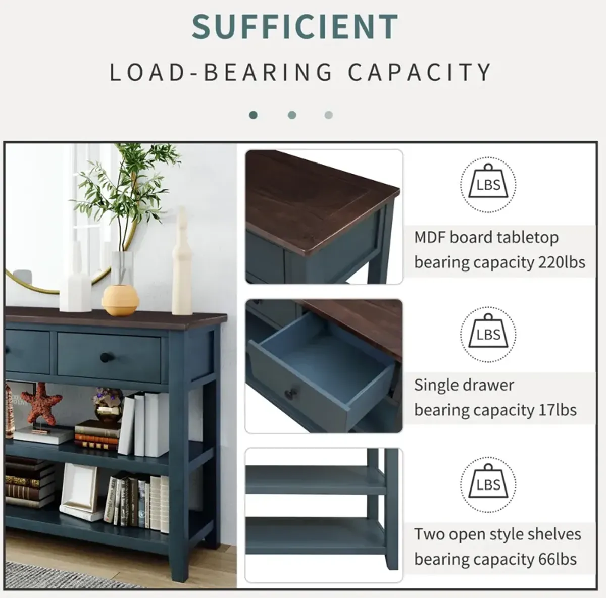 Retro Design Console Table With Two Open Shelves, Pine Solid Wood Frame And Legs