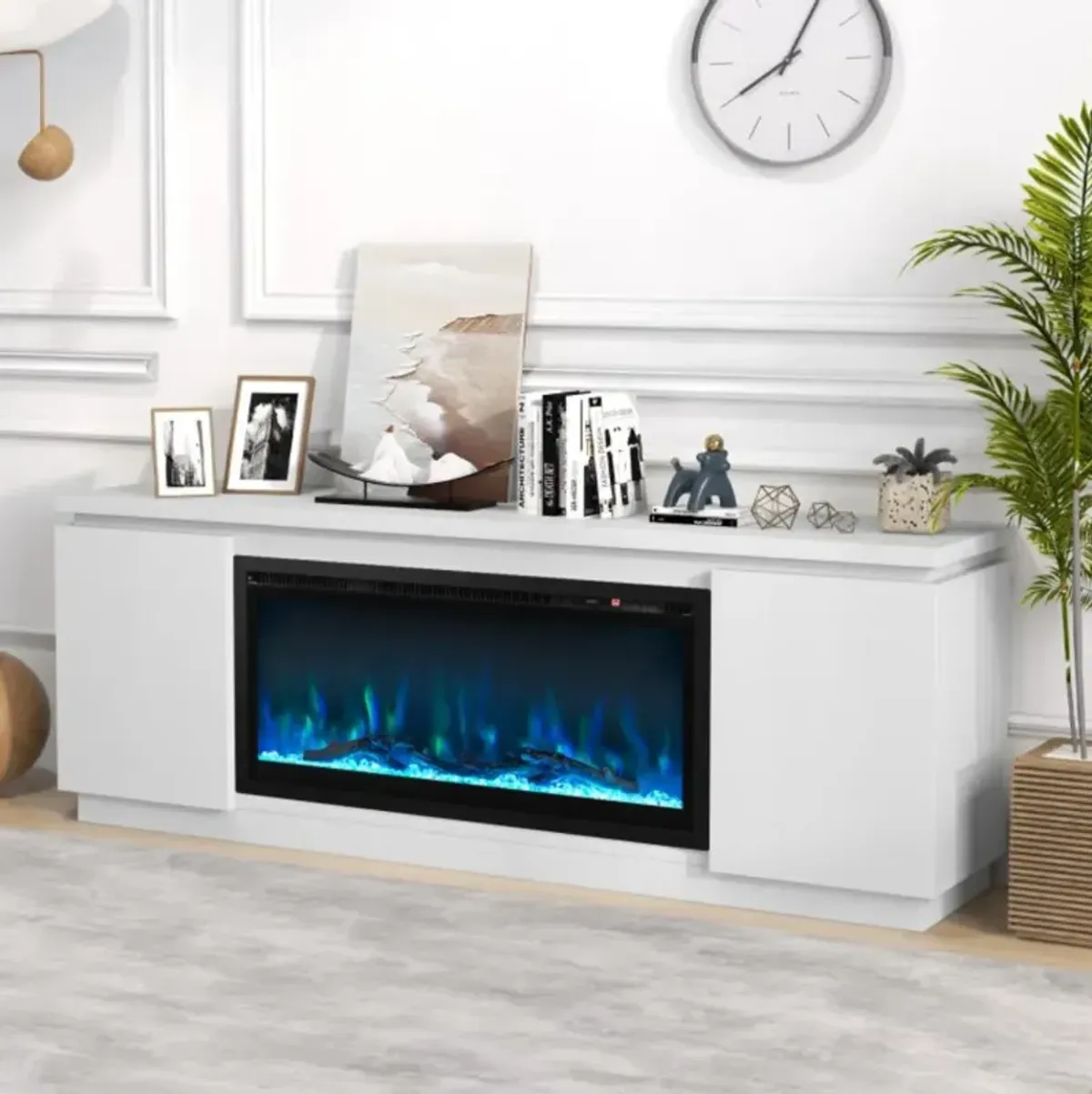 Hivvago Fireplace TV Stand for TVs up to 80 Inch with 3 Adjustable Shelves-White