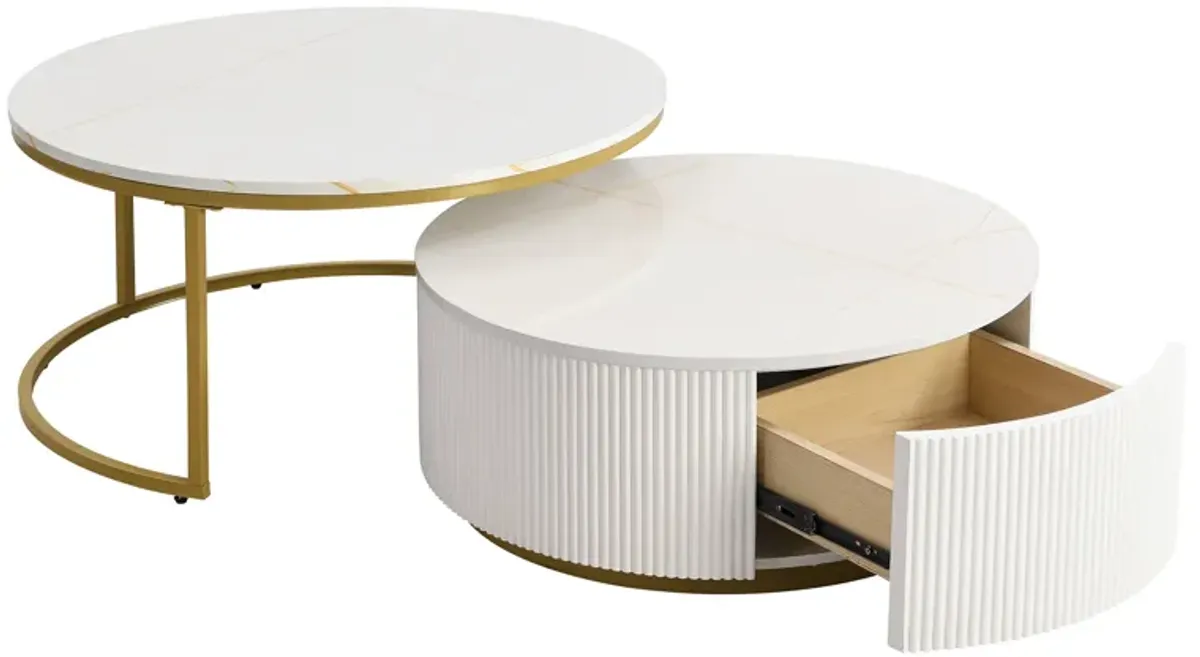 Merax Modern Round Nesting Coffee Table Fluted with Drawer